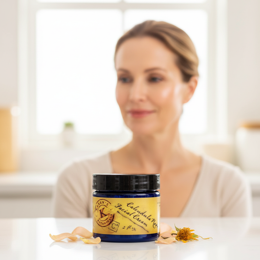 Calendula Rose Facial Cream with mature woman background